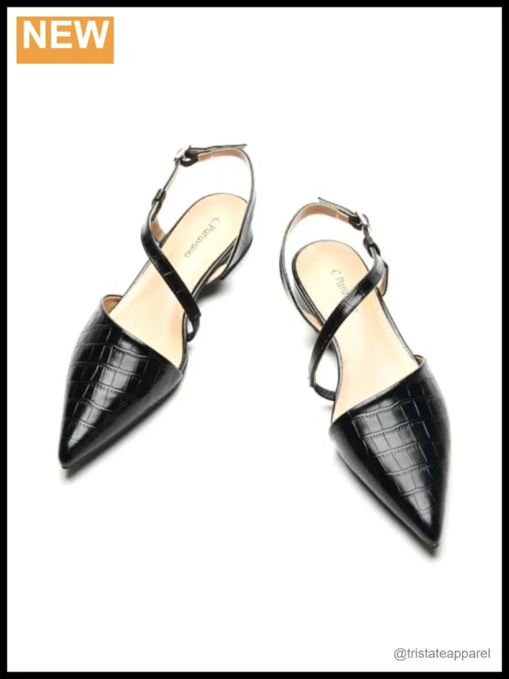 Slingback Flats Pointed Toe Lambskin Insole Block Heel Croc Embossed